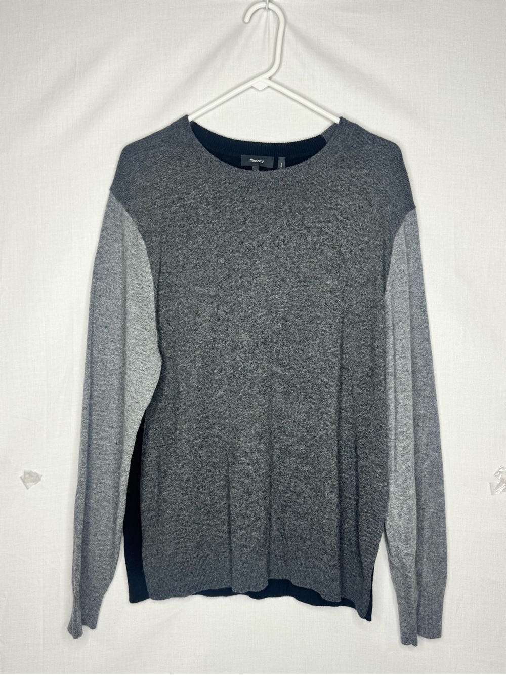 Theory Mens Two Tone Gray Crewneck Cashmere Sweater Sz L Quiet Luxury Capsule